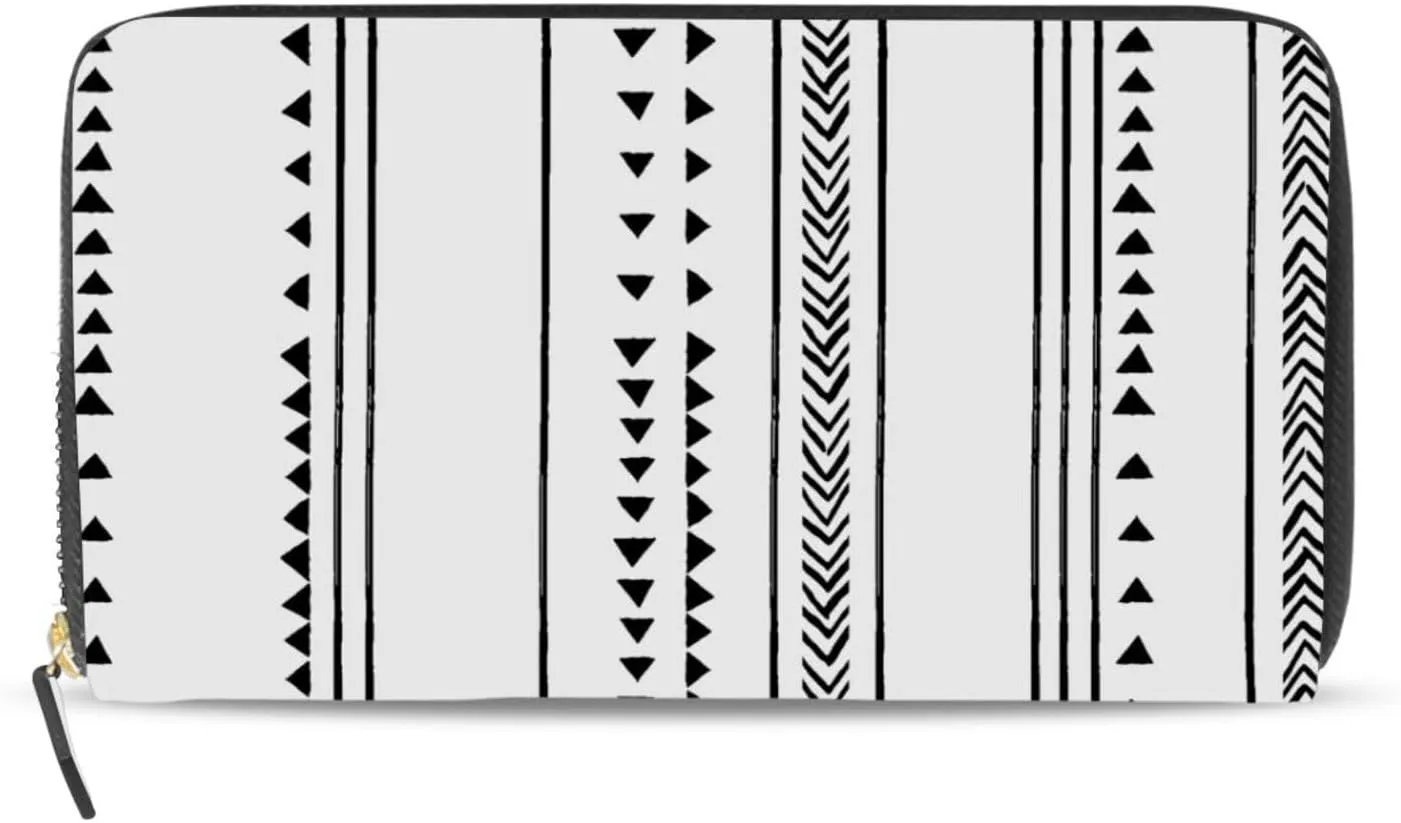 Seamless Triangles Stripes Chevrons Black and White Pattern Leather Long Wallet Organizer with Zipper Purse Clutch Bag for Women Men Key Card Coin Passport Checkbook 8 x 4 inch