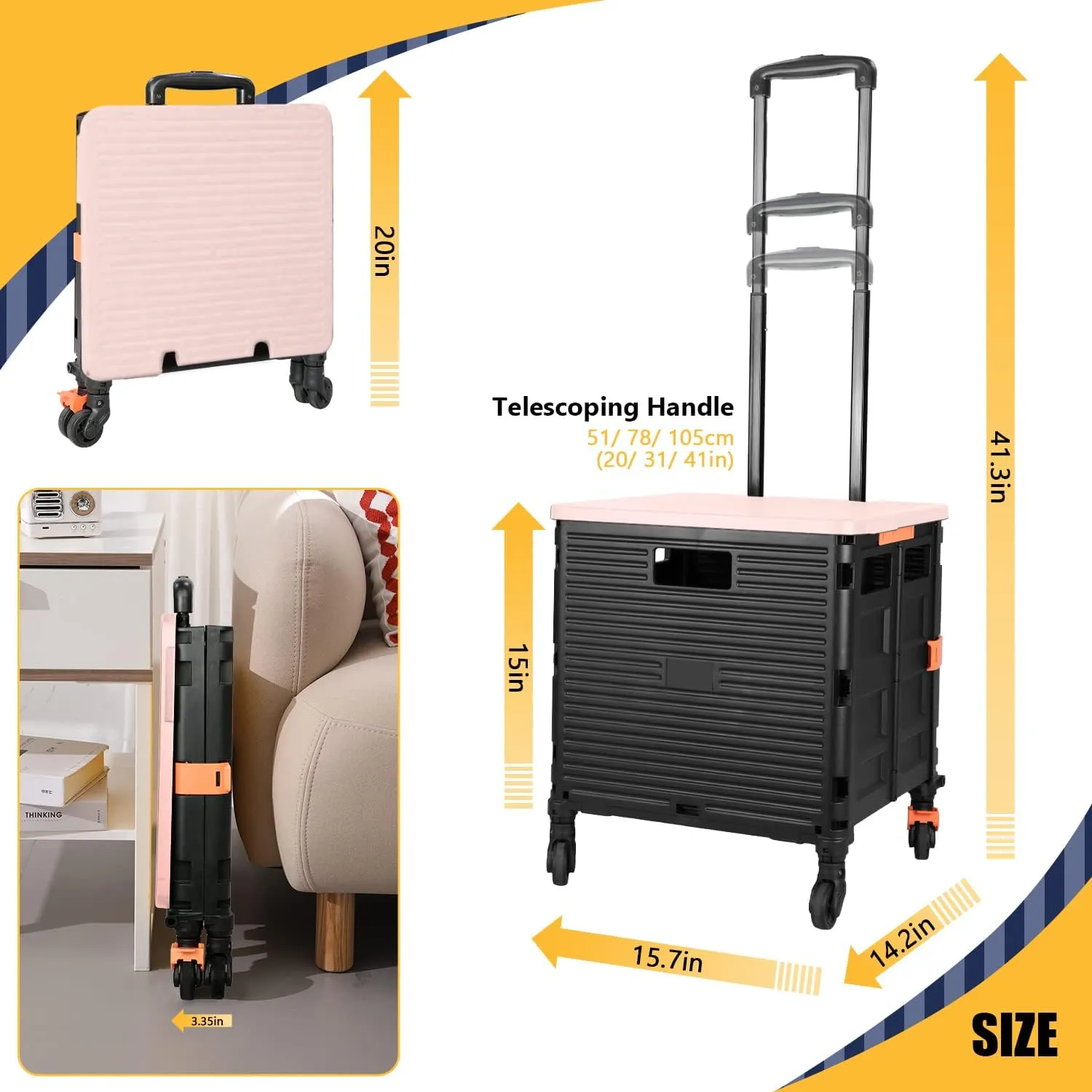 SELORSS Foldable Utility Cart Collapsible Crate Rolling Carts Handcart Trolley Tool Box Basket 4 360°Noiseless Wheels Lid Telescoping Handle for Shop Grocery Luggage Move Office School Teacher (Pink