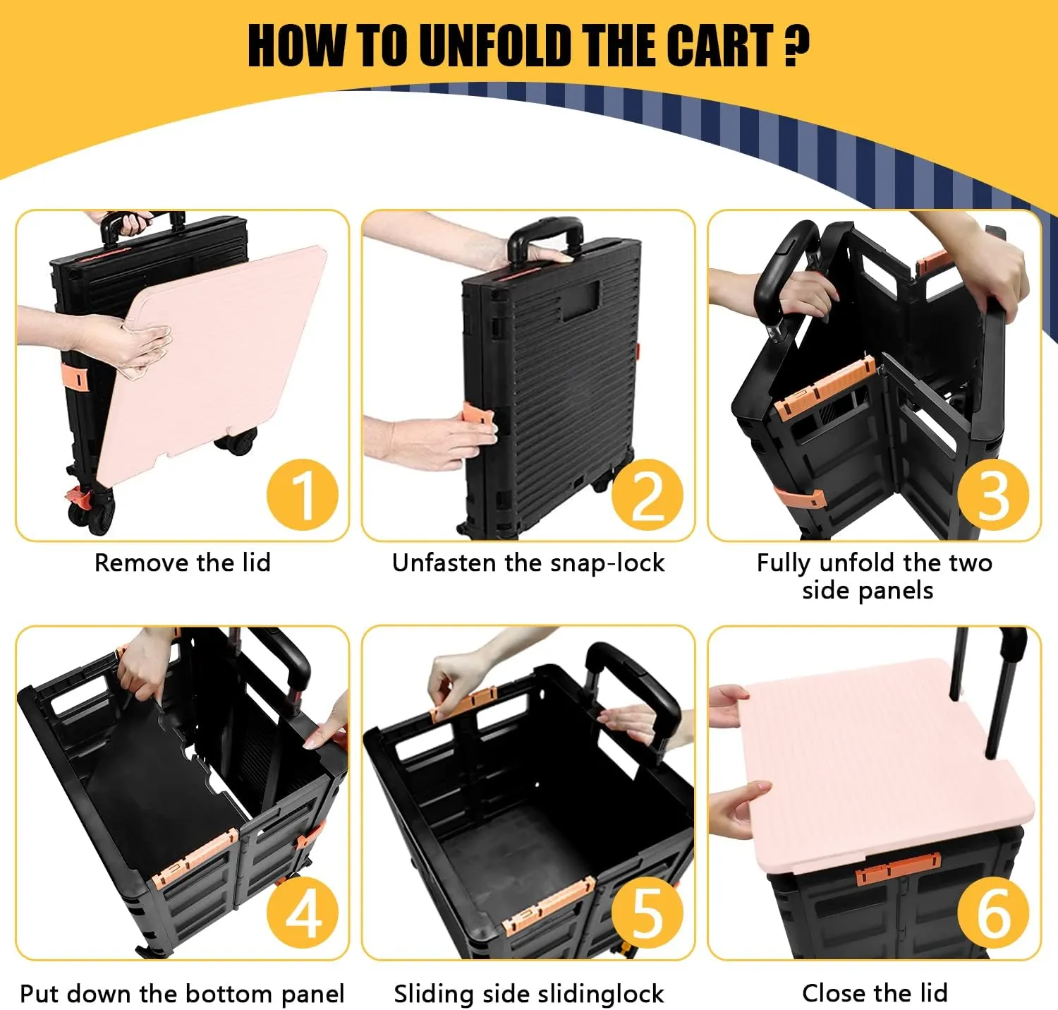 SELORSS Foldable Utility Cart Collapsible Crate Rolling Carts Handcart Trolley Tool Box Basket 4 360°Noiseless Wheels Lid Telescoping Handle for Shop Grocery Luggage Move Office School Teacher (Pink