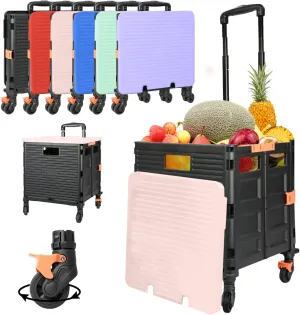 SELORSS Foldable Utility Cart Collapsible Crate Rolling Carts Handcart Trolley Tool Box Basket 4 360°Noiseless Wheels Lid Telescoping Handle for Shop Grocery Luggage Move Office School Teacher (Pink