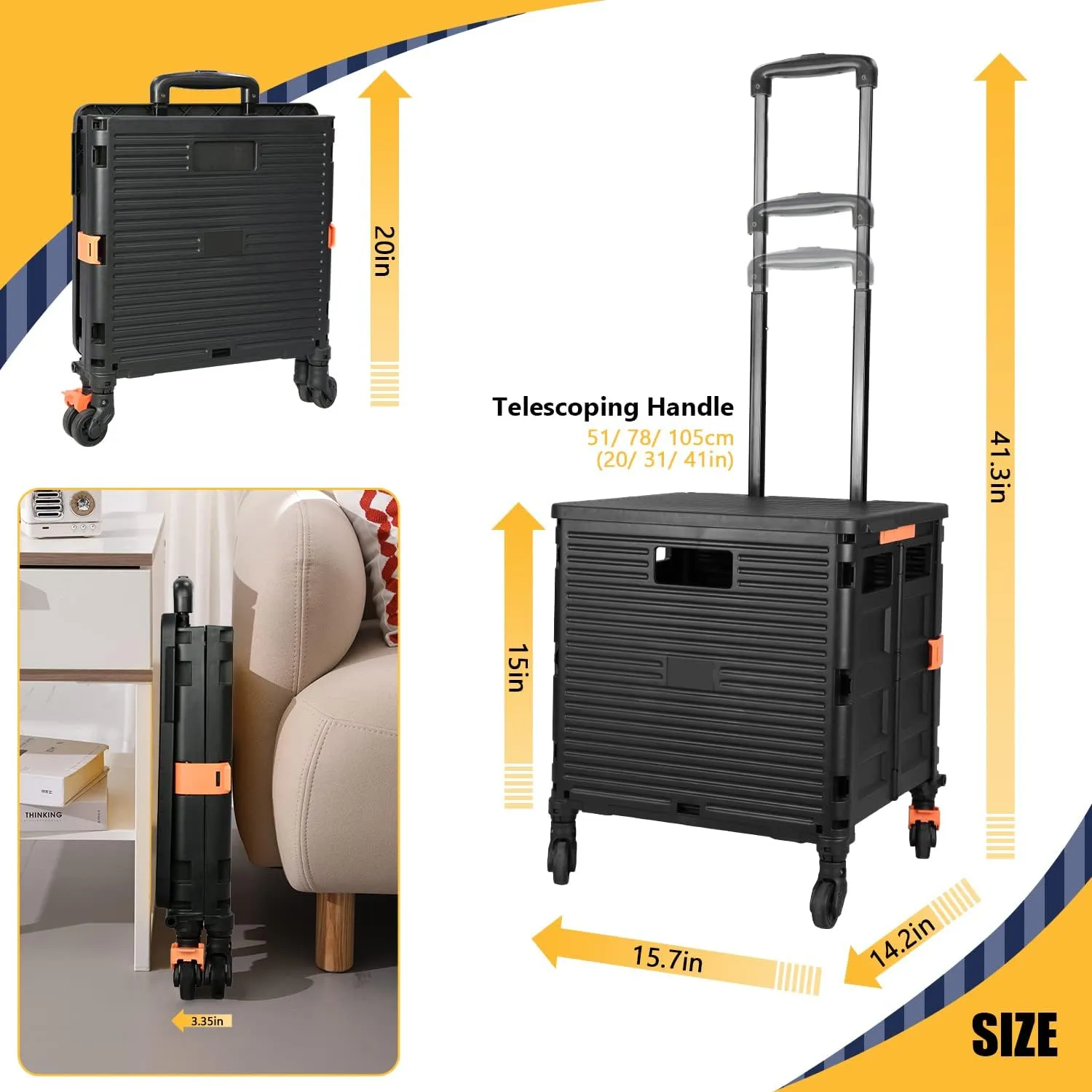 SELORSS Foldable Utility Cart Portable Rolling Crate Handcart Shopping Trolley Collapsible Tool Box with Rotate Wheels Durable Duty Plastic Telescoping Handle Lid for Travel Move Office School(Black)
