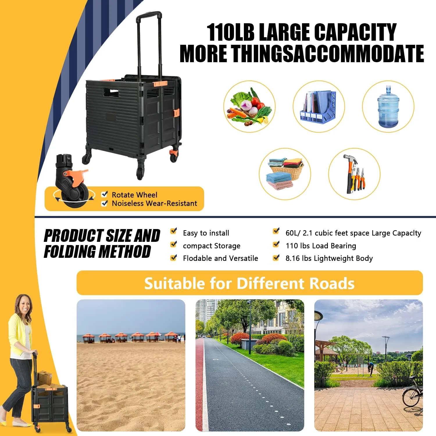 SELORSS Foldable Utility Cart Portable Rolling Crate Handcart Shopping Trolley Collapsible Tool Box with Rotate Wheels Durable Duty Plastic Telescoping Handle Lid for Travel Move Office School(Black)
