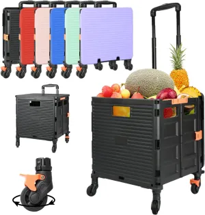 SELORSS Foldable Utility Cart Portable Rolling Crate Handcart Shopping Trolley Collapsible Tool Box with Rotate Wheels Durable Duty Plastic Telescoping Handle Lid for Travel Move Office School(Black)
