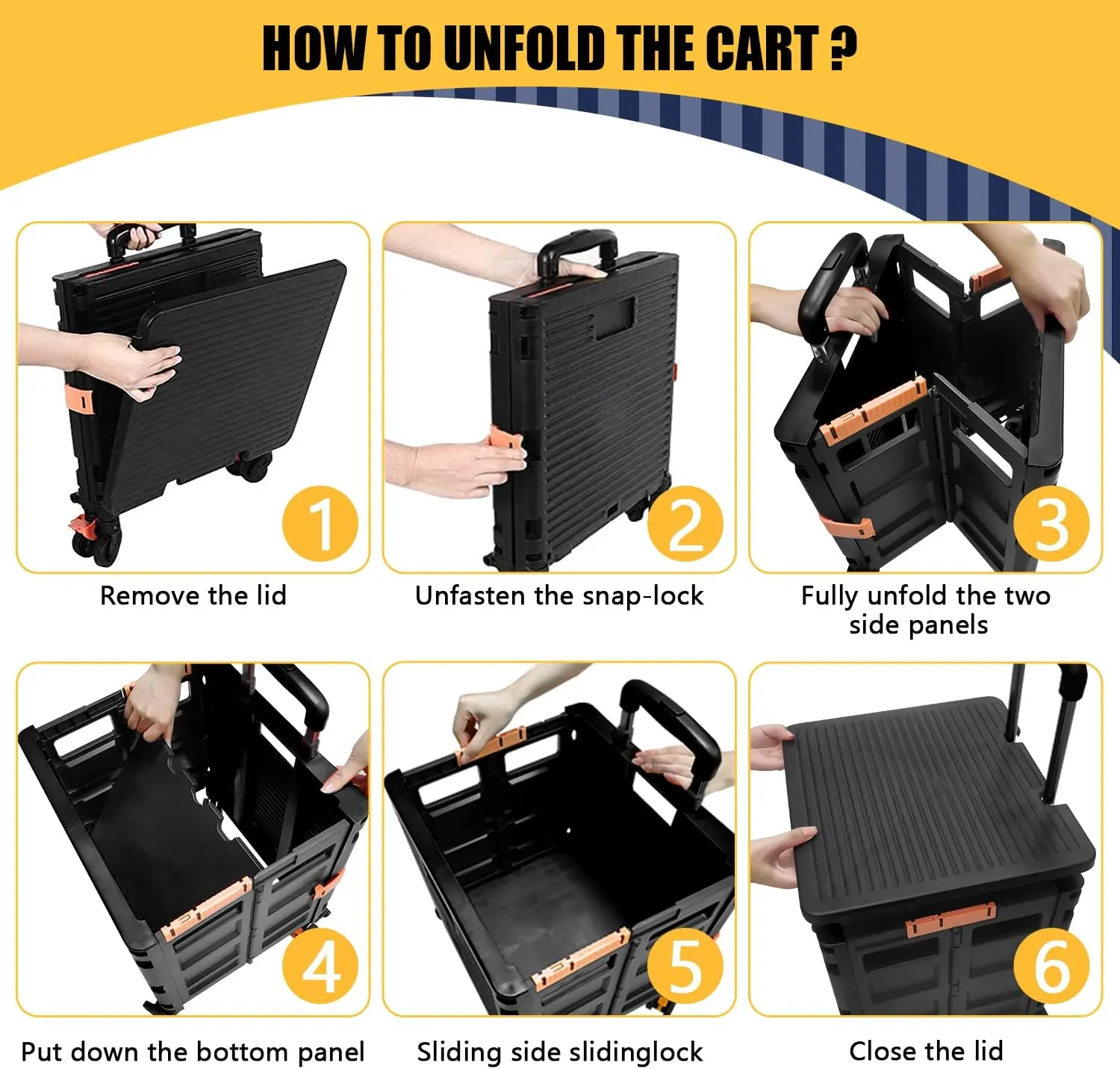 SELORSS Foldable Utility Cart Portable Rolling Crate Handcart Shopping Trolley Collapsible Tool Box with Rotate Wheels Durable Duty Plastic Telescoping Handle Lid for Travel Move Office School(Black)
