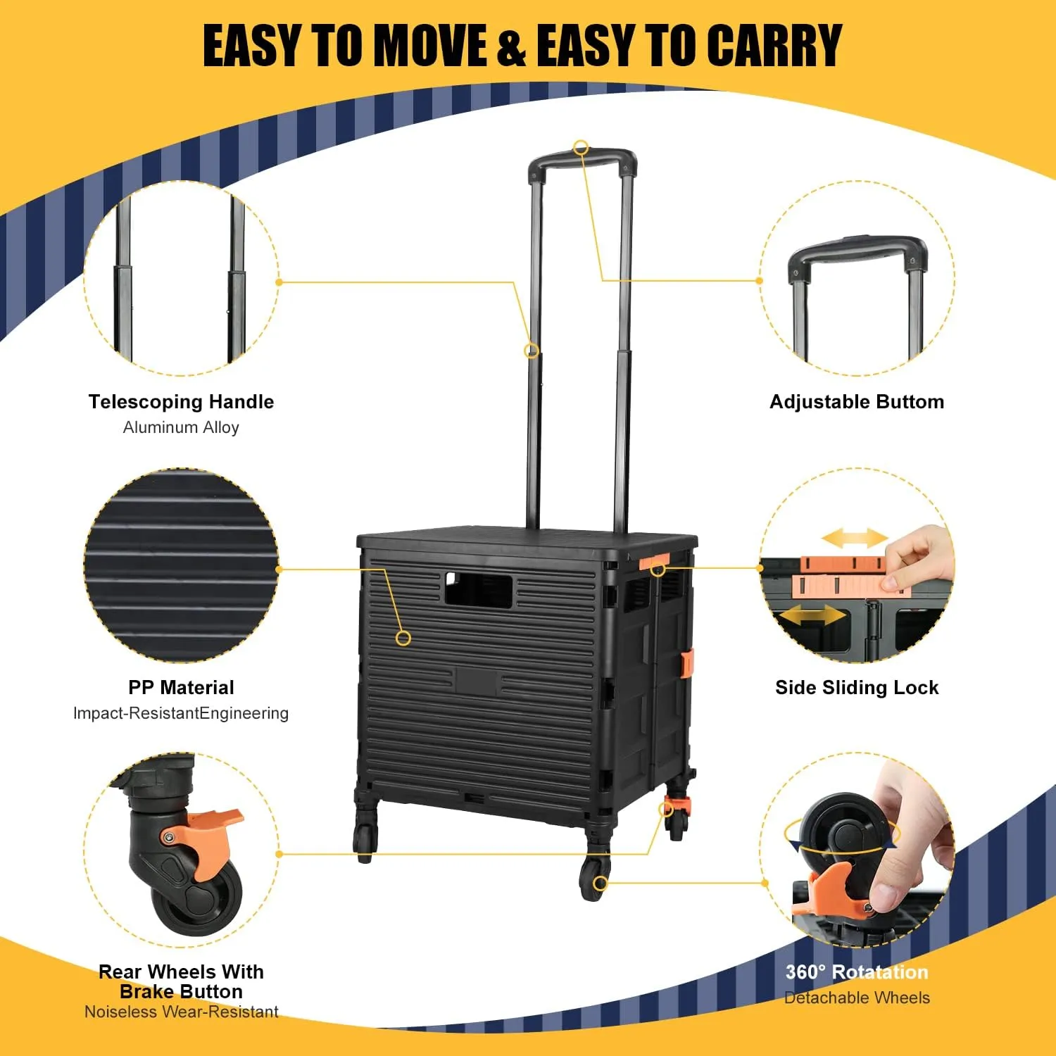 SELORSS Foldable Utility Cart Portable Rolling Crate Handcart Shopping Trolley Collapsible Tool Box with Rotate Wheels Durable Duty Plastic Telescoping Handle Lid for Travel Move Office School(Black)