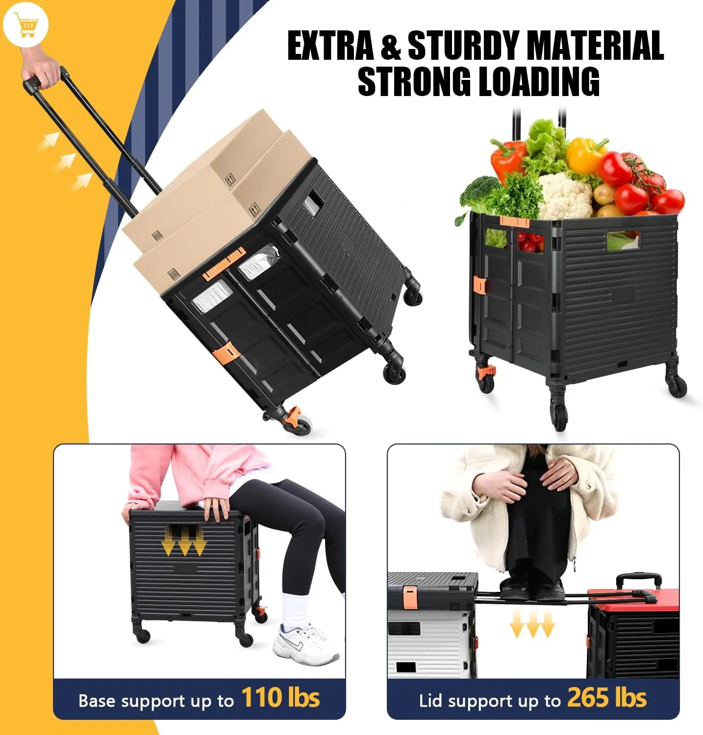 SELORSS Foldable Utility Cart Portable Rolling Crate Handcart Shopping Trolley Collapsible Tool Box with Rotate Wheels Durable Duty Plastic Telescoping Handle Lid for Travel Move Office School(Black)