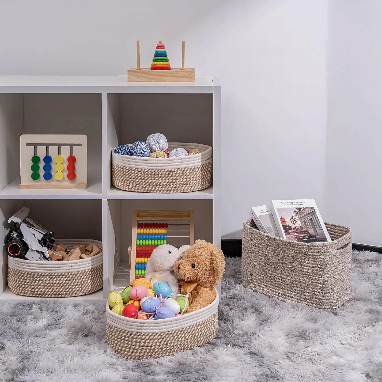 Shelf Storage Baskets for Organizing|Decorative Basket for Closet Storage|Toy Baskets&Bins|Small Woven Rope Baskets-13x8.66x5.11’’,Durable&Stylish,Oval 3 Packs Off White&Mixed Camel
