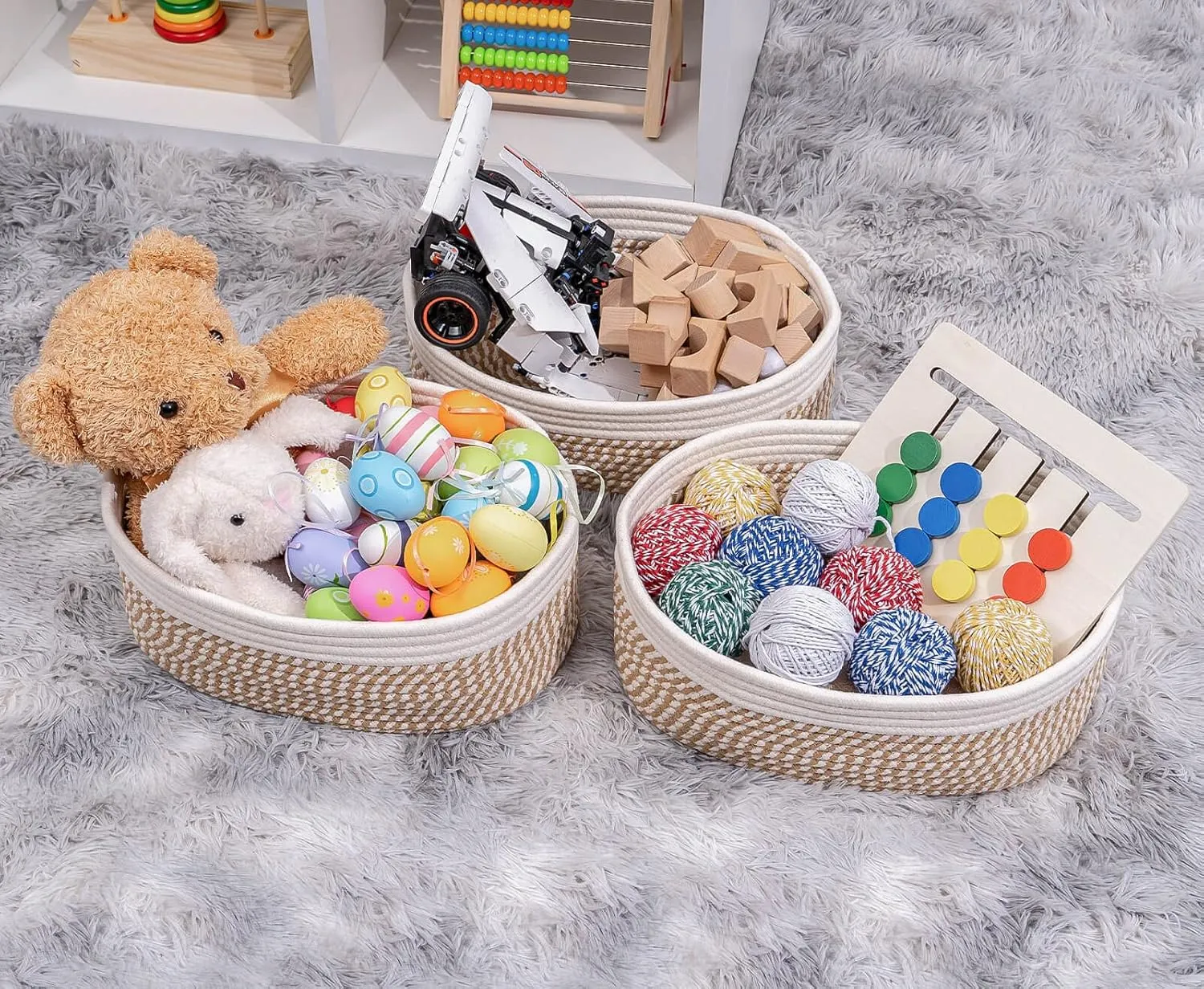 Shelf Storage Baskets for Organizing|Decorative Basket for Closet Storage|Toy Baskets&Bins|Small Woven Rope Baskets-13x8.66x5.11’’,Durable&Stylish,Oval 3 Packs Off White&Mixed Camel
