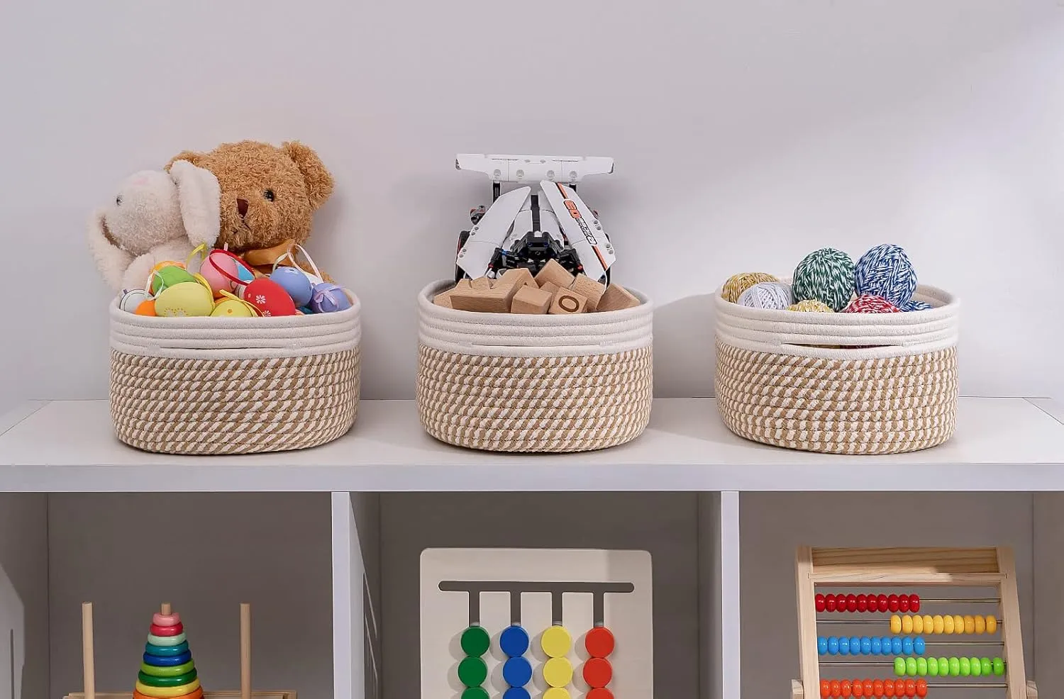 Shelf Storage Baskets for Organizing|Decorative Basket for Closet Storage|Toy Baskets&Bins|Small Woven Rope Baskets-13x8.66x5.11’’,Durable&Stylish,Oval 3 Packs Off White&Mixed Camel