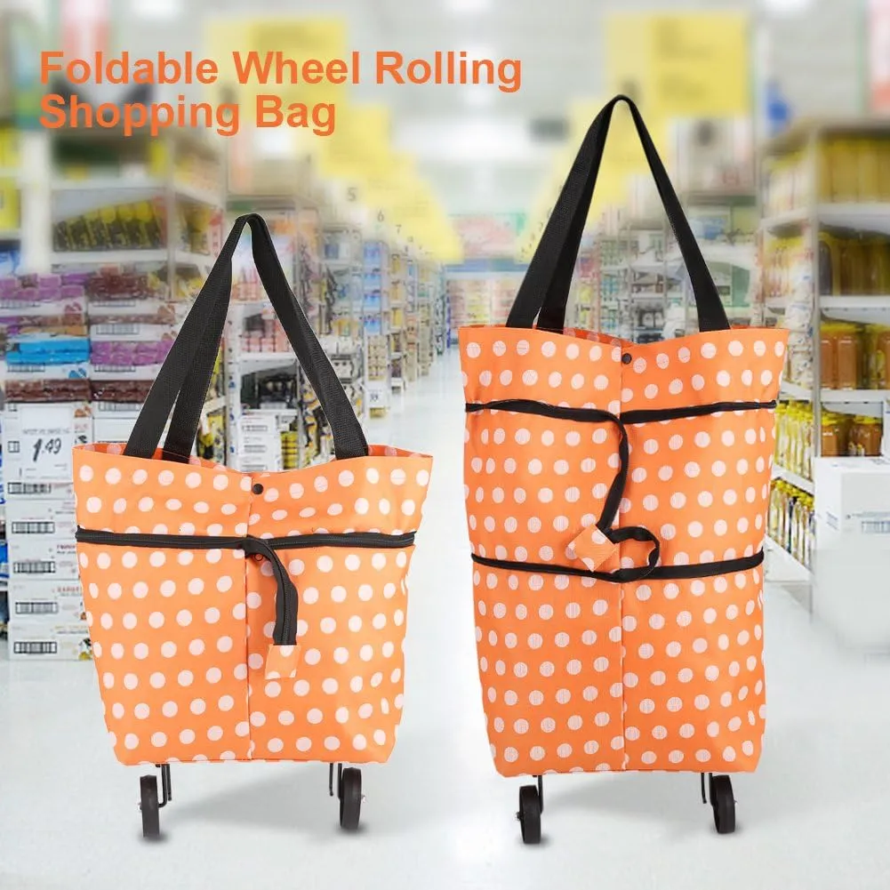 Shopping Bag, Oxford Cloth Reusable Shopping Bags with Wheel Rolling Dual-Purpose Foldable Grocery Pouch for Shop.(12-Orange)