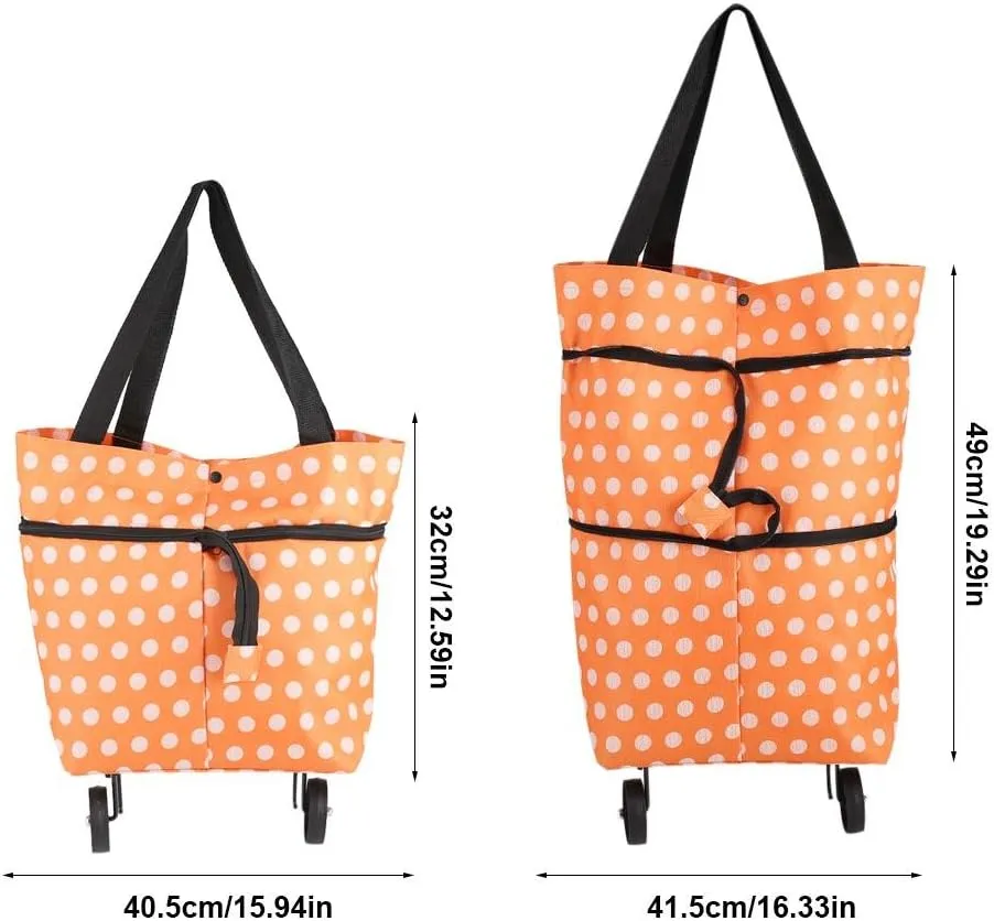 Shopping Bag, Oxford Cloth Reusable Shopping Bags with Wheel Rolling Dual-Purpose Foldable Grocery Pouch for Shop.(12-Orange)