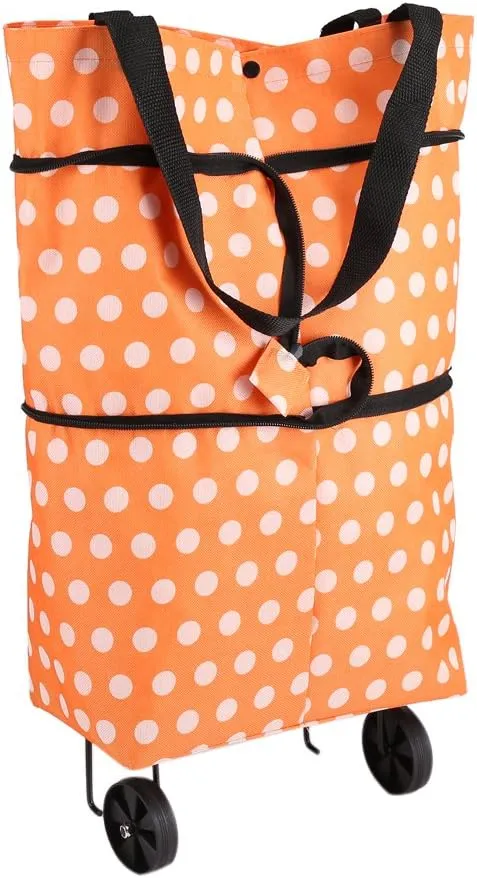 Shopping Bag, Oxford Cloth Reusable Shopping Bags with Wheel Rolling Dual-Purpose Foldable Grocery Pouch for Shop.(12-Orange)