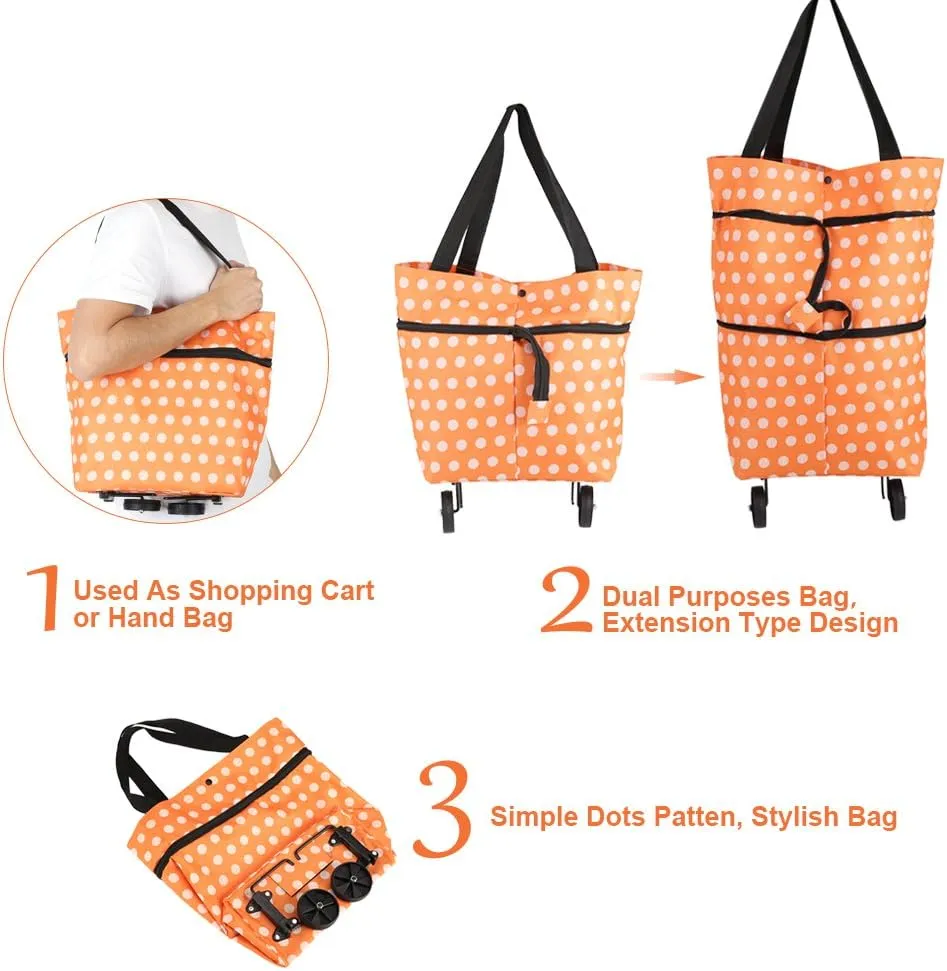 Shopping Bag, Oxford Cloth Reusable Shopping Bags with Wheel Rolling Dual-Purpose Foldable Grocery Pouch for Shop.(12-Orange)