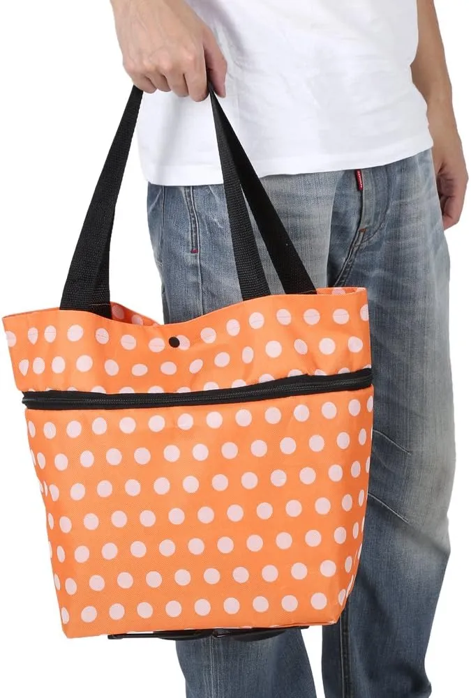 Shopping Bag, Oxford Cloth Reusable Shopping Bags with Wheel Rolling Dual-Purpose Foldable Grocery Pouch for Shop.(12-Orange)