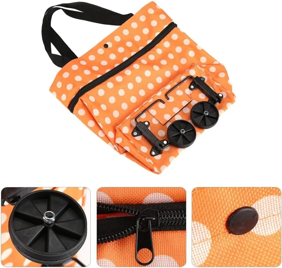 Shopping Bag, Oxford Cloth Reusable Shopping Bags with Wheel Rolling Dual-Purpose Foldable Grocery Pouch for Shop.(12-Orange)