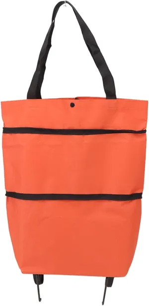 Shopping Cart Foldable Bag Large Capacity Zip Design Oxford Cloth with Wheel for Camping (Orange)