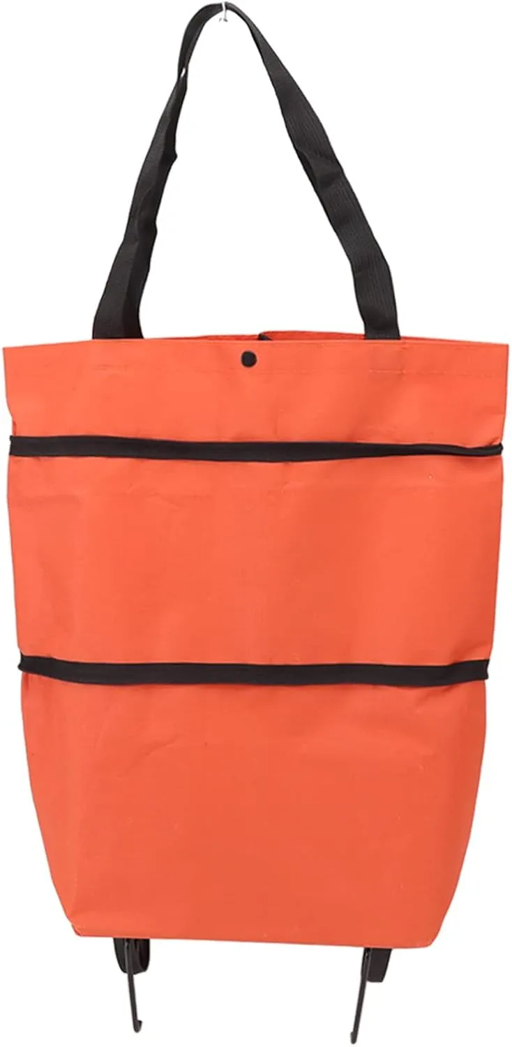 Shopping Cart Foldable Bag Large Capacity Zip Design Oxford Cloth with Wheel for Camping (Orange)