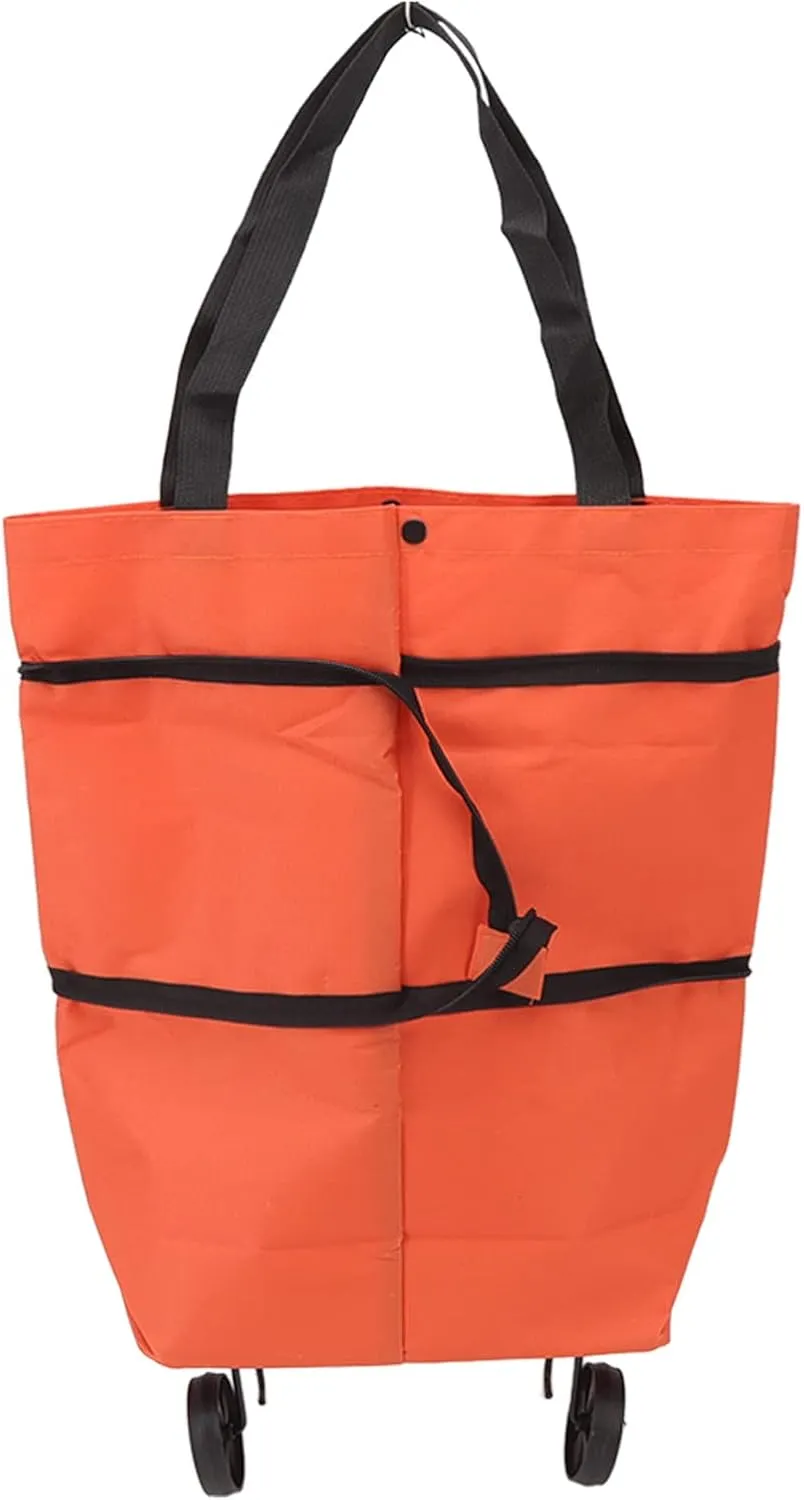 Shopping Cart Foldable Bag Large Capacity Zip Design Oxford Cloth with Wheel for Camping (Orange)