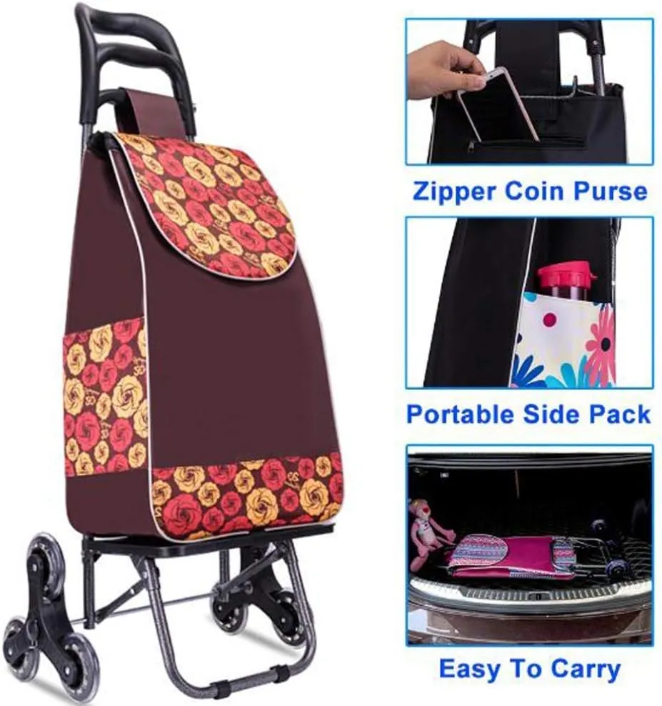 Shopping Cart Portable Utility Carts Folding Trolley Light Weight Stair Climbing Cart with Triangle Crystal Wheel