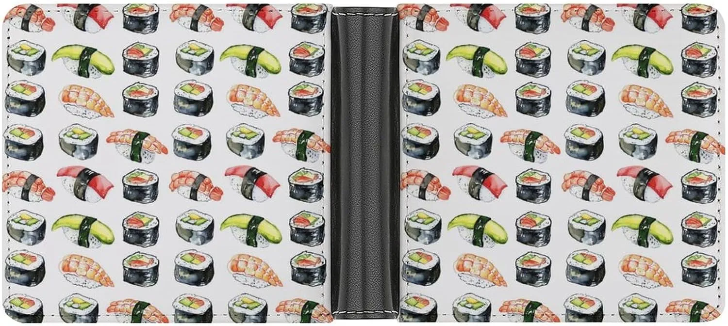 Shrimp Tuna Cucumber Sushi Platter Leather Wallets for Men Slim Bifold Purse Clutch Double-Sided Printing