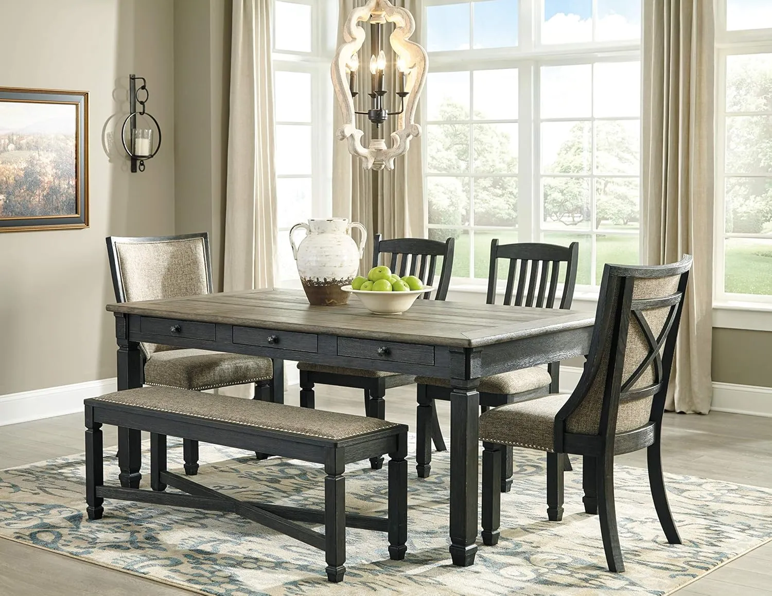 Signature Design by Ashley Tyler Creek Modern Farmhouse Upholstered Dining Room Bench, Antique Black Finish