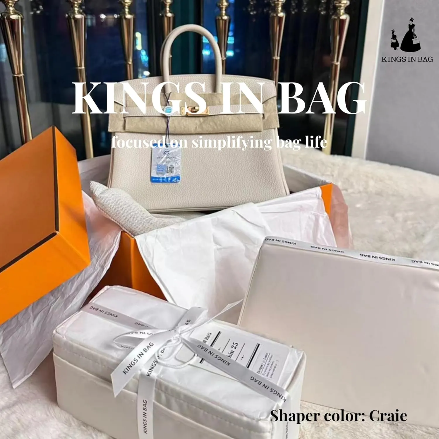 Silky Bag Insert for Birkin, Purse Organizer Compatible with Hermes Birkin 25, Lightweight Luxury Bag Shaper with Multiple Pockets for Daily Use (Craie, Birkin25)