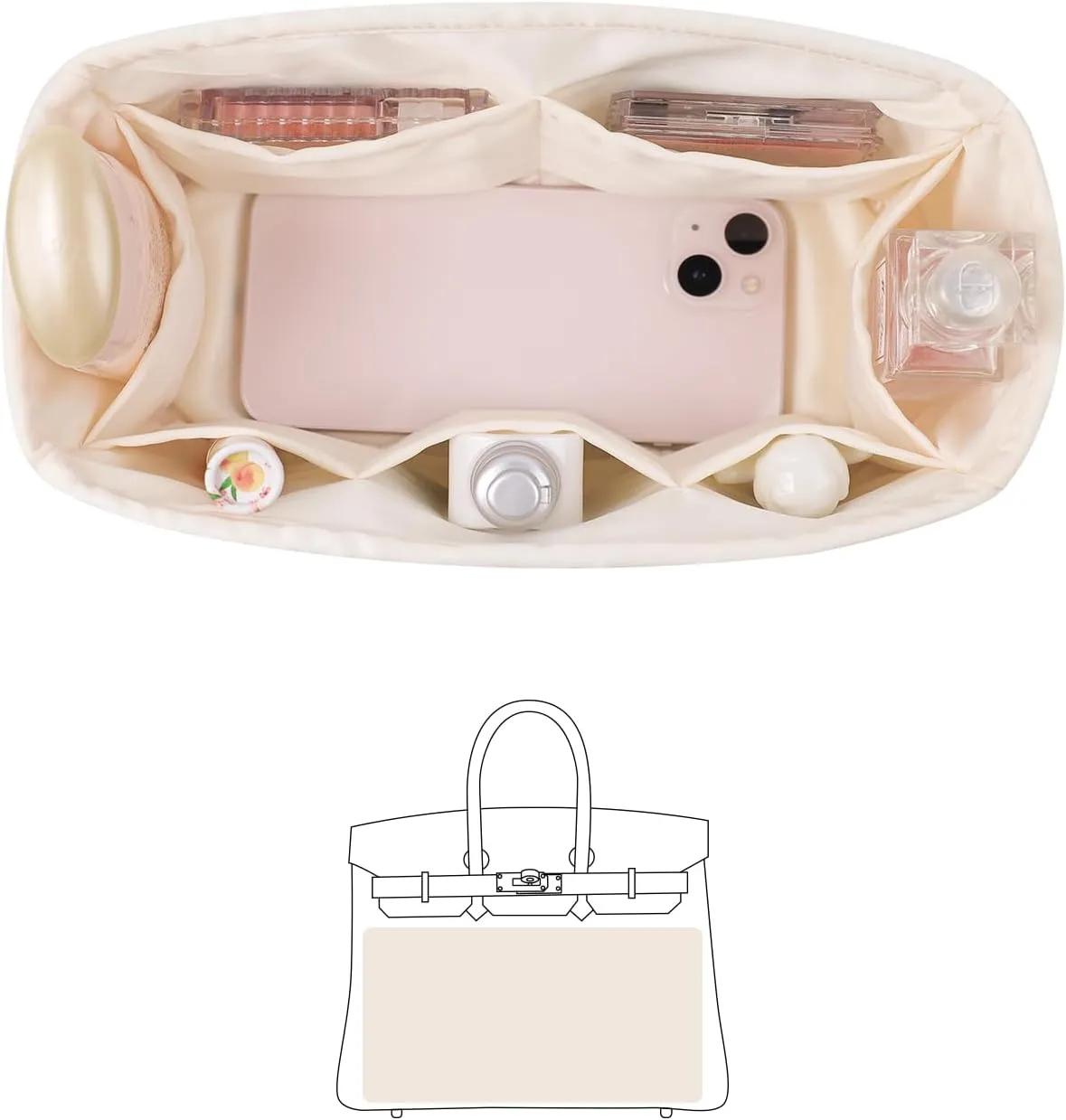 Silky Bag Insert for Birkin, Purse Organizer Compatible with Hermes Birkin 25, Lightweight Luxury Bag Shaper with Multiple Pockets for Daily Use (Craie, Birkin25)