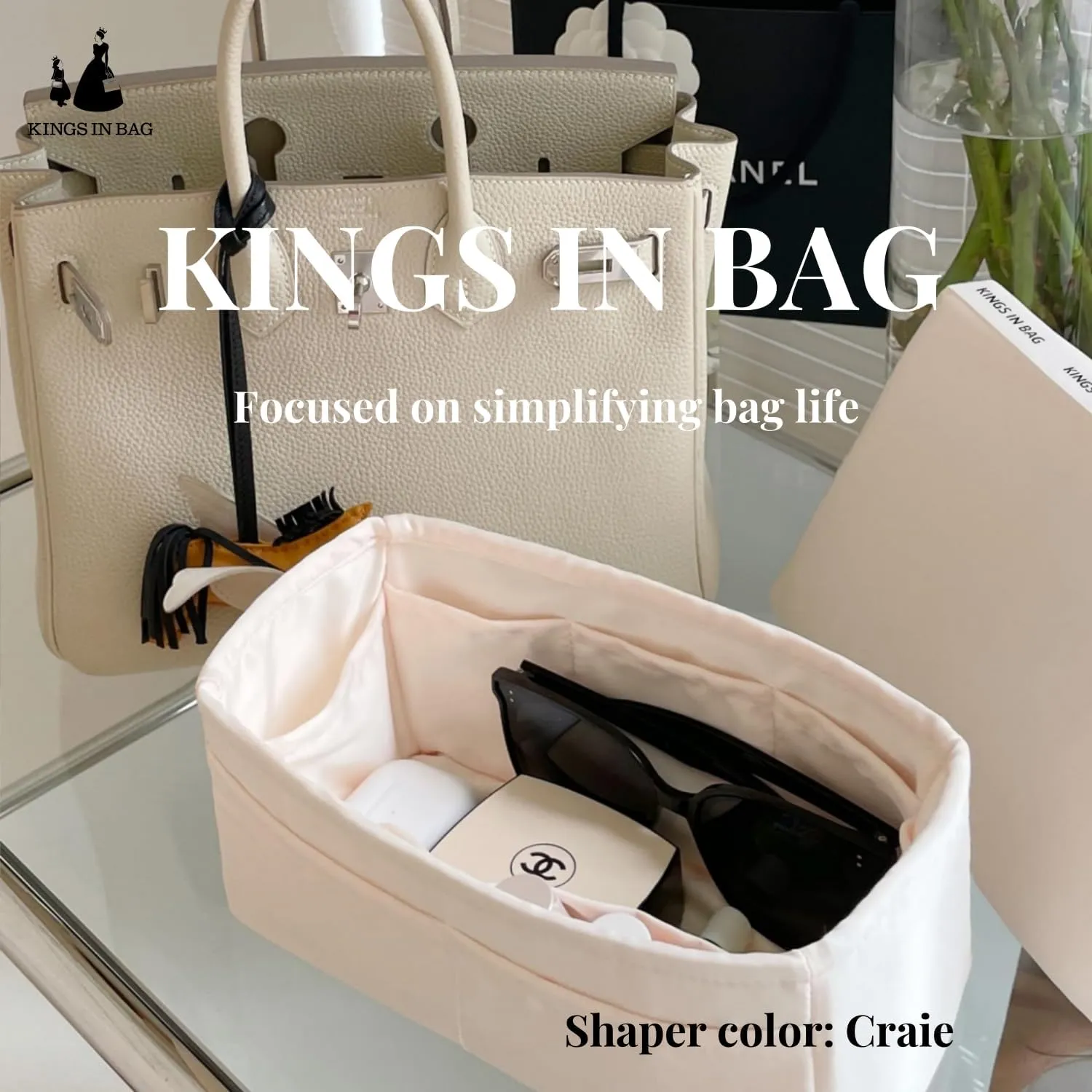 Silky Bag Insert for Birkin, Purse Organizer Compatible with Hermes Birkin 25, Lightweight Luxury Bag Shaper with Multiple Pockets for Daily Use (Craie, Birkin25)