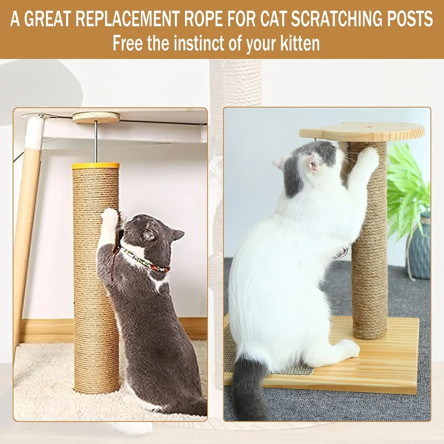 Sisal Rope for Cat Scratcher,Rope for Cat Scratch Post 1/4in 164Ft Jute Twine for Scratching Post Repairing, Recovering or DIY