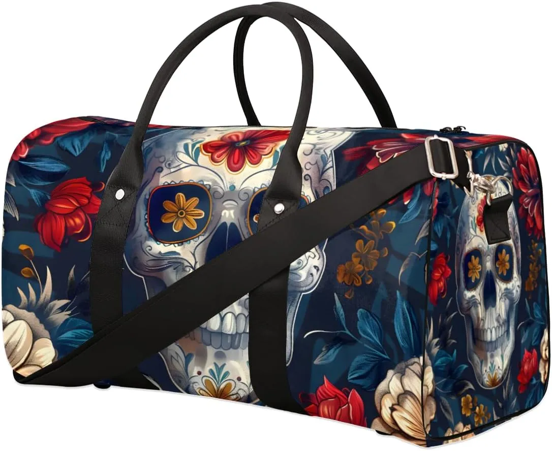 Skull Floral Travel Duffle Bag for Women Men Gym Duffel Foldable Bag Waterproof Weekender Gothic Skeleton Vintage Duffle Tote