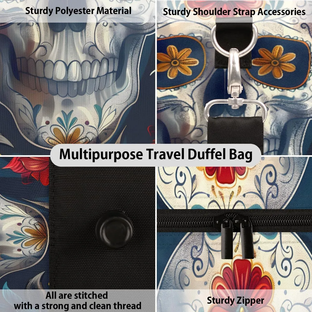 Skull Floral Travel Duffle Bag for Women Men Gym Duffel Foldable Bag Waterproof Weekender Gothic Skeleton Vintage Duffle Tote
