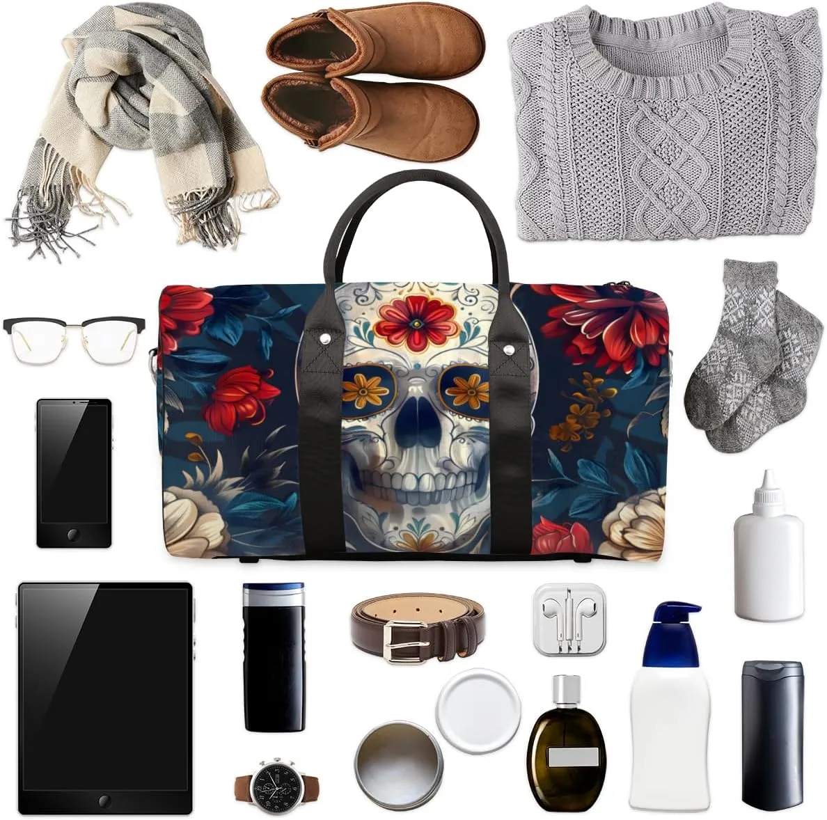 Skull Floral Travel Duffle Bag for Women Men Gym Duffel Foldable Bag Waterproof Weekender Gothic Skeleton Vintage Duffle Tote