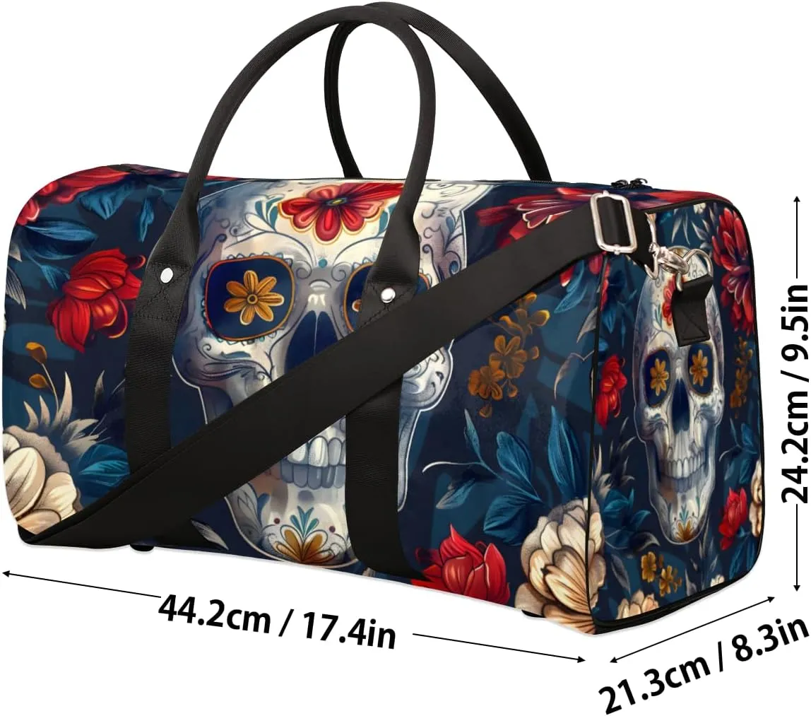 Skull Floral Travel Duffle Bag for Women Men Gym Duffel Foldable Bag Waterproof Weekender Gothic Skeleton Vintage Duffle Tote