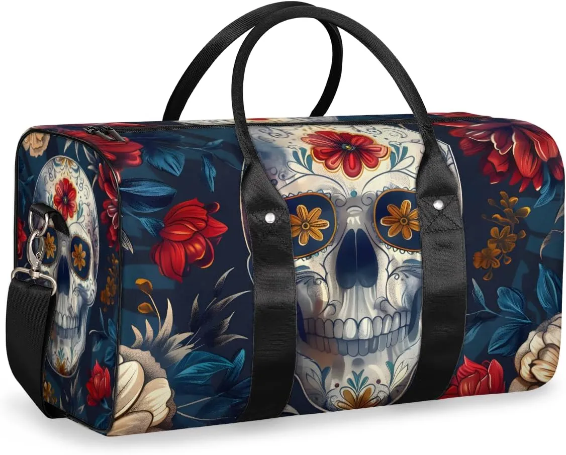 Skull Floral Travel Duffle Bag for Women Men Gym Duffel Foldable Bag Waterproof Weekender Gothic Skeleton Vintage Duffle Tote