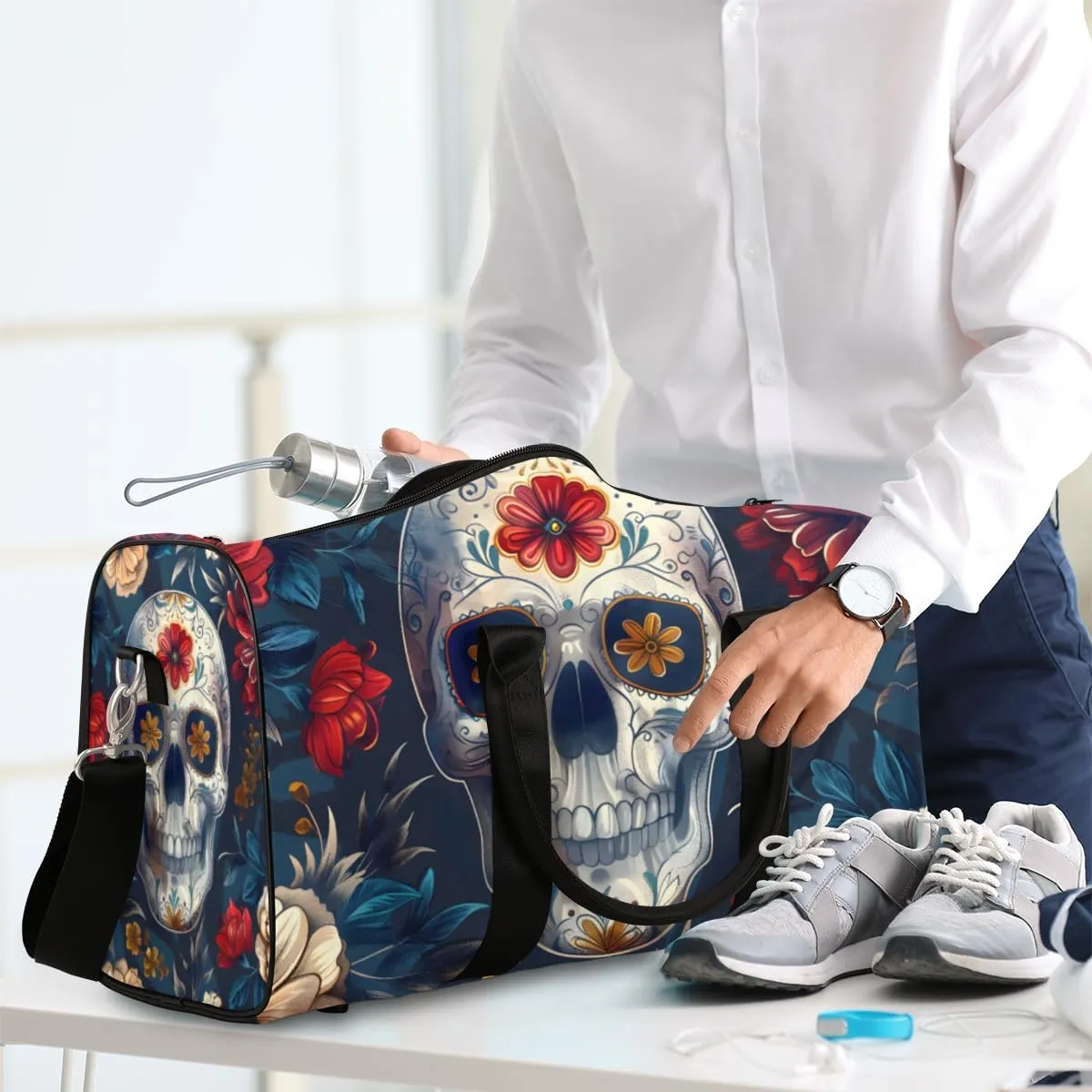 Skull Floral Travel Duffle Bag for Women Men Gym Duffel Foldable Bag Waterproof Weekender Gothic Skeleton Vintage Duffle Tote