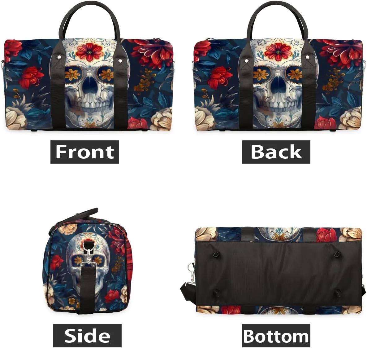 Skull Floral Travel Duffle Bag for Women Men Gym Duffel Foldable Bag Waterproof Weekender Gothic Skeleton Vintage Duffle Tote