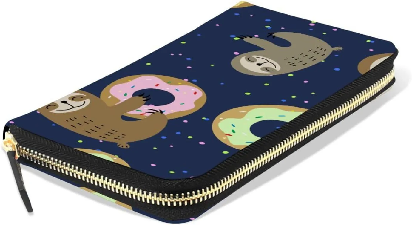Sloth Smile with Colorful Doughnuts Donuts Polka Dots Dark Blue Leather Long Wallet Organizer with Zipper Purse Clutch Bag for Women Men Key Card Coin Passport Checkbook 8 x 4 inch