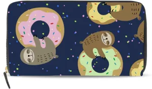 Sloth Smile with Colorful Doughnuts Donuts Polka Dots Dark Blue Leather Long Wallet Organizer with Zipper Purse Clutch Bag for Women Men Key Card Coin Passport Checkbook 8 x 4 inch