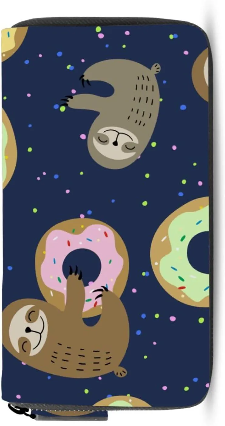 Sloth Smile with Colorful Doughnuts Donuts Polka Dots Dark Blue Leather Long Wallet Organizer with Zipper Purse Clutch Bag for Women Men Key Card Coin Passport Checkbook 8 x 4 inch