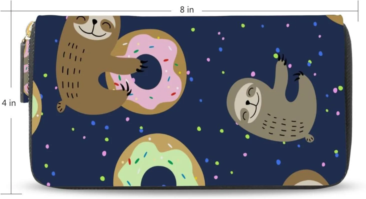 Sloth Smile with Colorful Doughnuts Donuts Polka Dots Dark Blue Leather Long Wallet Organizer with Zipper Purse Clutch Bag for Women Men Key Card Coin Passport Checkbook 8 x 4 inch