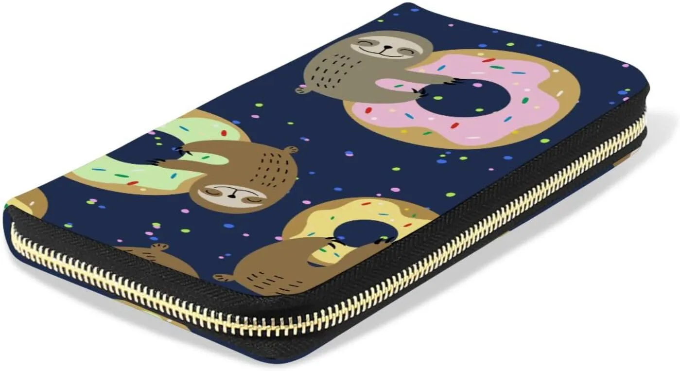 Sloth Smile with Colorful Doughnuts Donuts Polka Dots Dark Blue Leather Long Wallet Organizer with Zipper Purse Clutch Bag for Women Men Key Card Coin Passport Checkbook 8 x 4 inch