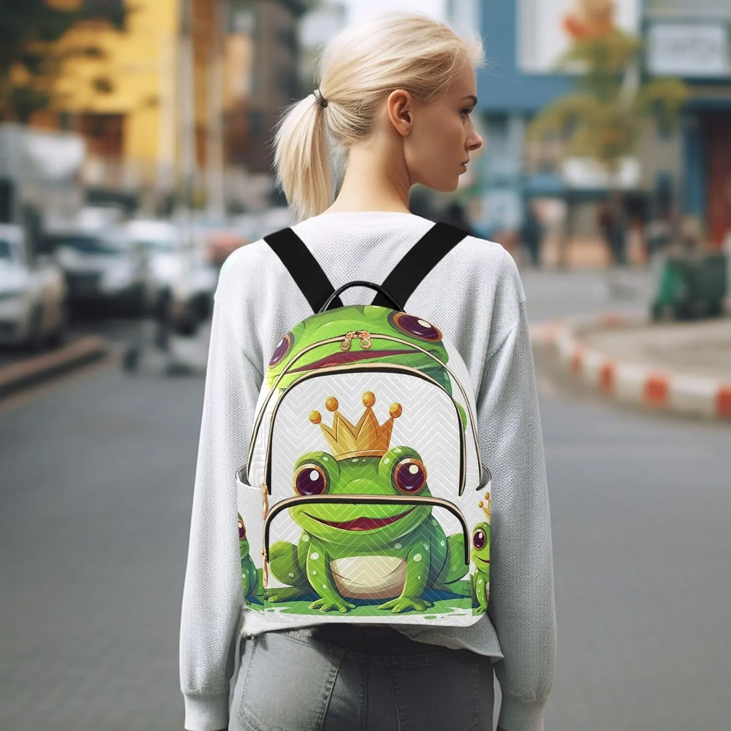 Small Backpack Purse for Women, Frog Prince Travel Bag Casual Daypack Shoulder Bag