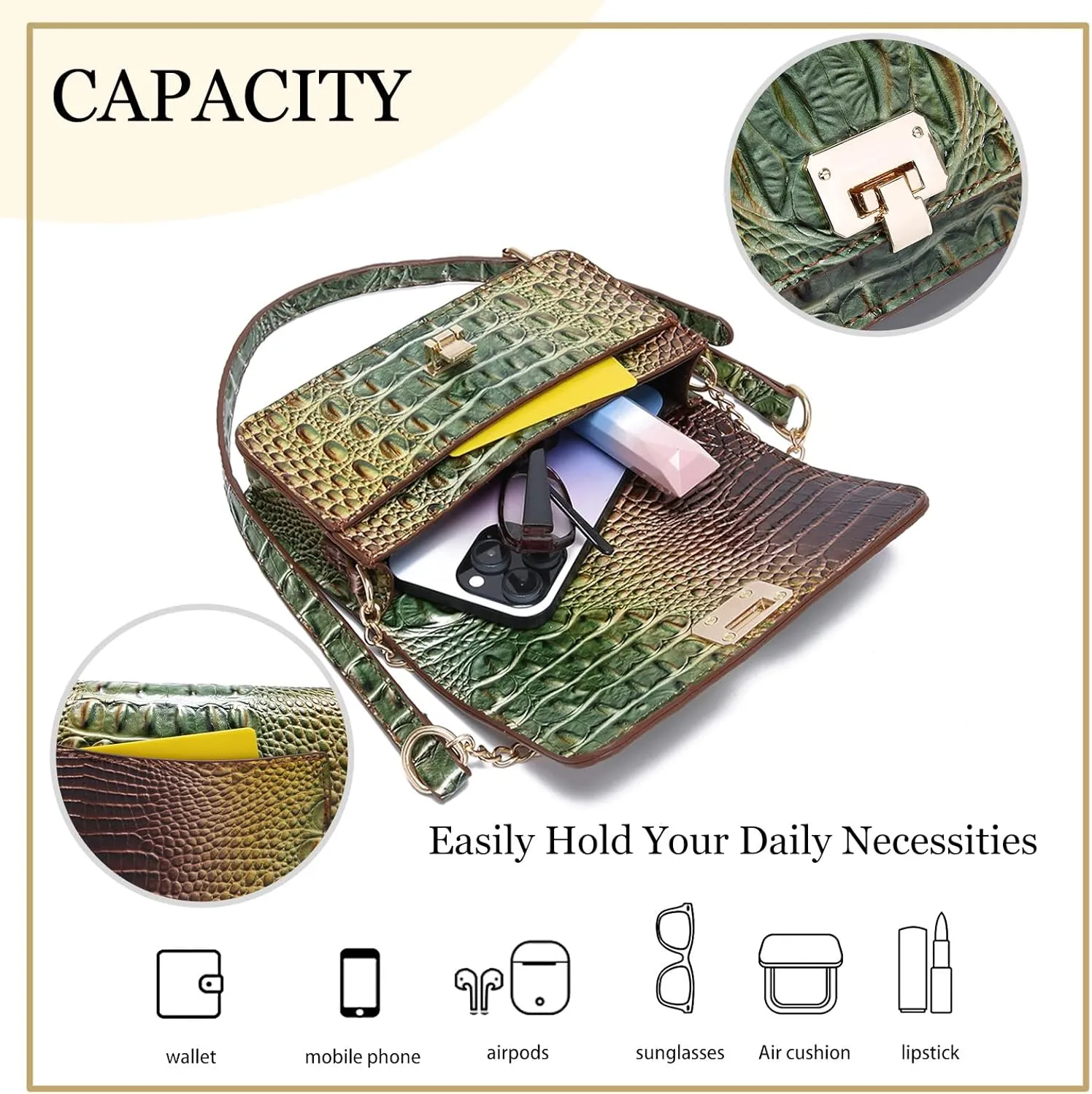 Small Crocodile Crossbody Cell Phone Purse for women Vegan Leather Clutch Wallet with Leather Shoulder Strap
