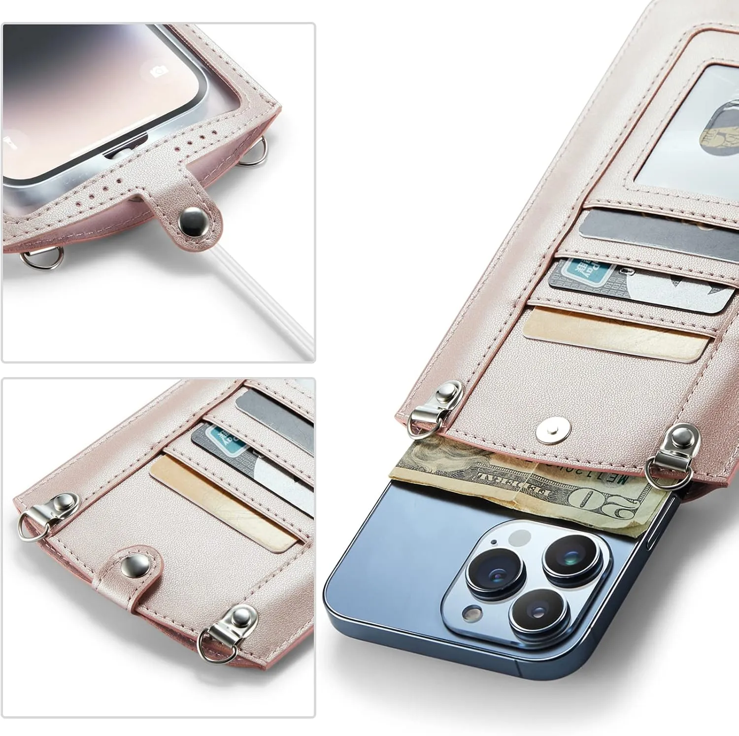 Small Crossbody Bag Cell Phone Purse for Women Men Leather Mini Shoulder Bag Wallet Case with Card Holder Slot Necklace Lanyard for All Smartphones iPhone Samsung Google up to 7.3" Rose Gold