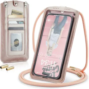 Small Crossbody Bag Cell Phone Purse for Women Men Leather Mini Shoulder Bag Wallet Case with Card Holder Slot Necklace Lanyard for All Smartphones iPhone Samsung Google up to 7.3" Rose Gold