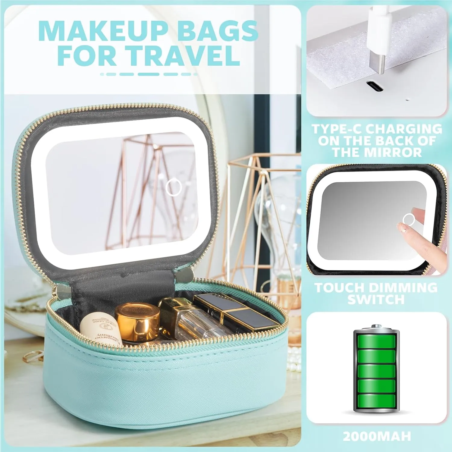 Small Makeup Bag Travel Train Case with Mirror and Light Mini Travel Makeup Train Case Cosmetic Organizer 3 Adjustable Brightness Toiletry Bag Portable Artist Storage