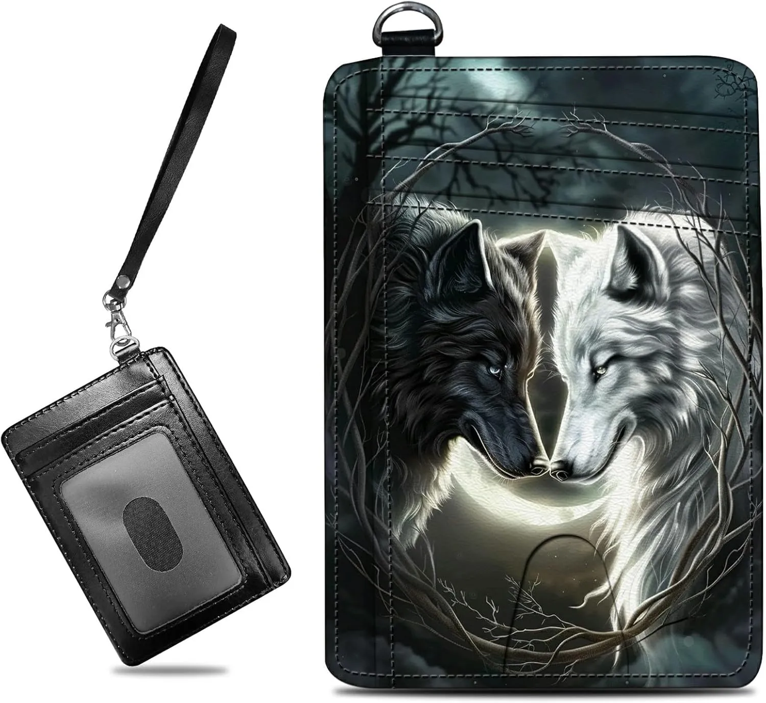 Small Travel Wallets, White Black Wolf Slim Minimalist Front Pocket Wallet with Wristlet, RFID Blocking PU Leather Credit Card Holder with ID Window Change Purse for Men Women
