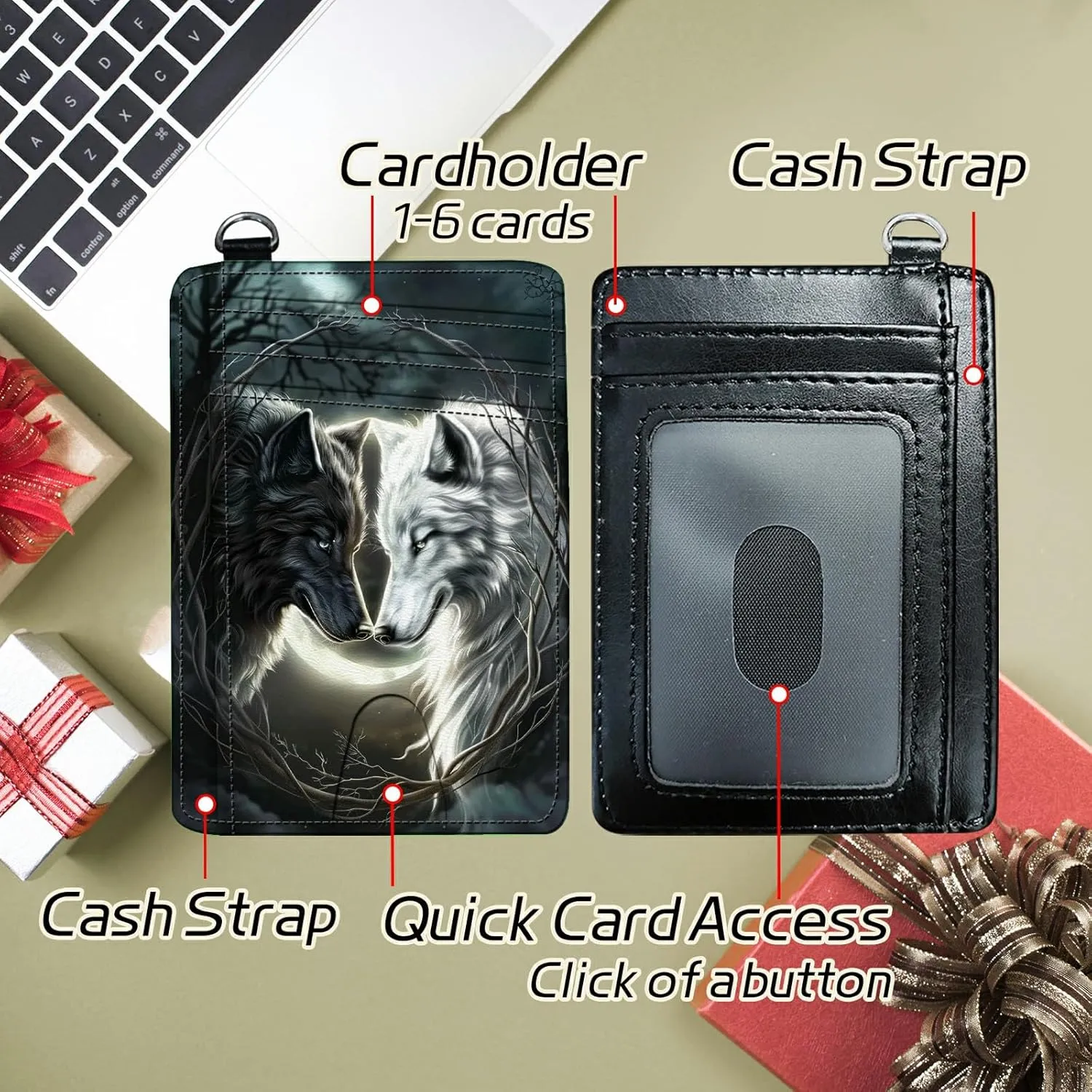 Small Travel Wallets, White Black Wolf Slim Minimalist Front Pocket Wallet with Wristlet, RFID Blocking PU Leather Credit Card Holder with ID Window Change Purse for Men Women