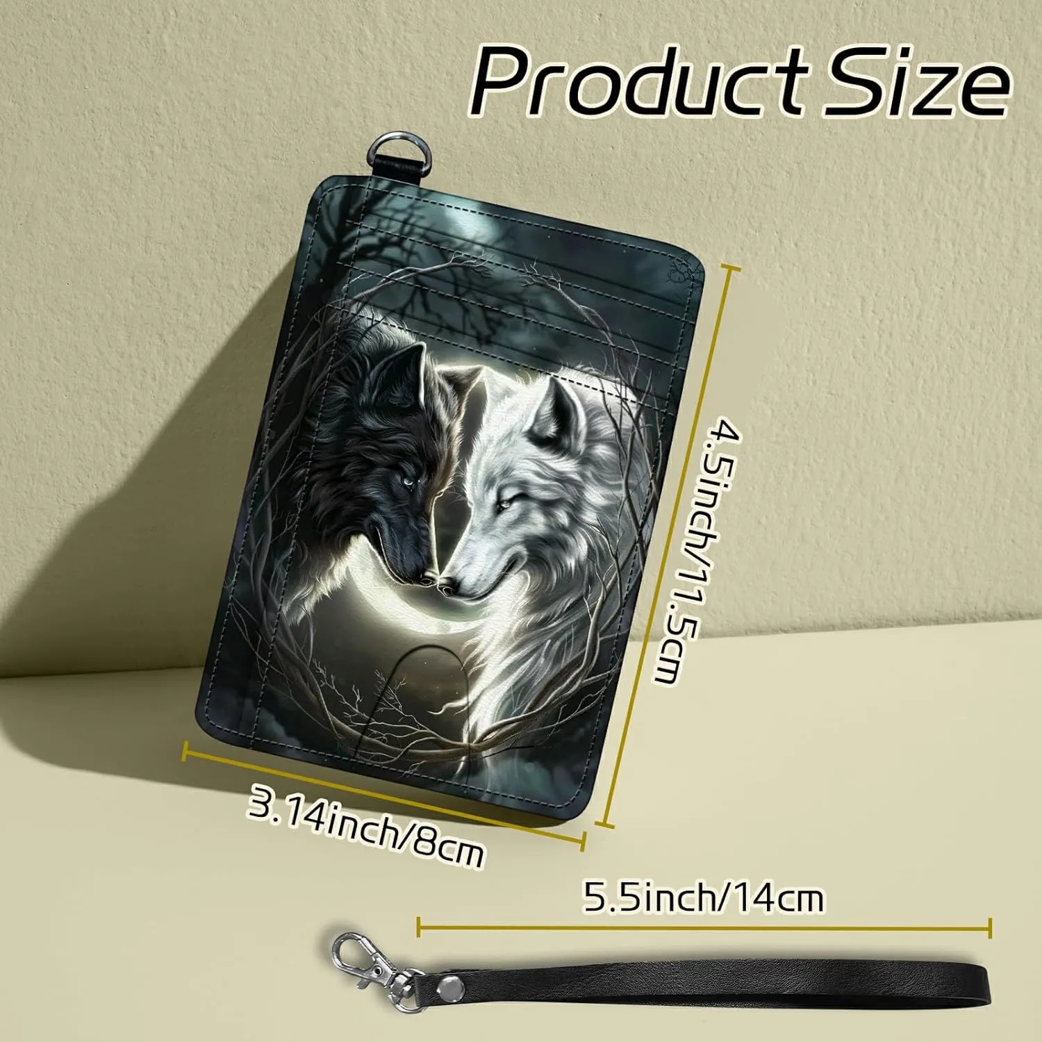 Small Travel Wallets, White Black Wolf Slim Minimalist Front Pocket Wallet with Wristlet, RFID Blocking PU Leather Credit Card Holder with ID Window Change Purse for Men Women