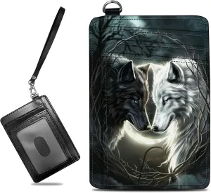 Small Travel Wallets, White Black Wolf Slim Minimalist Front Pocket Wallet with Wristlet, RFID Blocking PU Leather Credit Card Holder with ID Window Change Purse for Men Women
